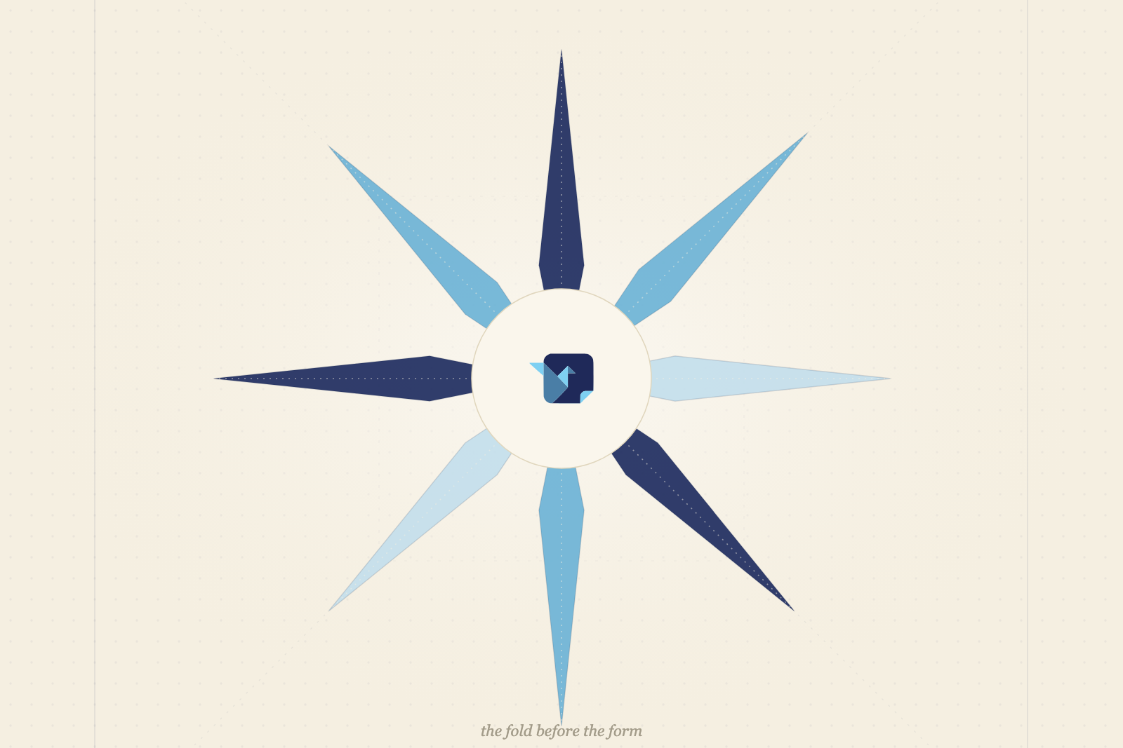A geometric breakdown of the Hoardy crane: eight fold petals radiating from the origami mark, numbered 01 to 08 — the preliminary fold every form begins from.